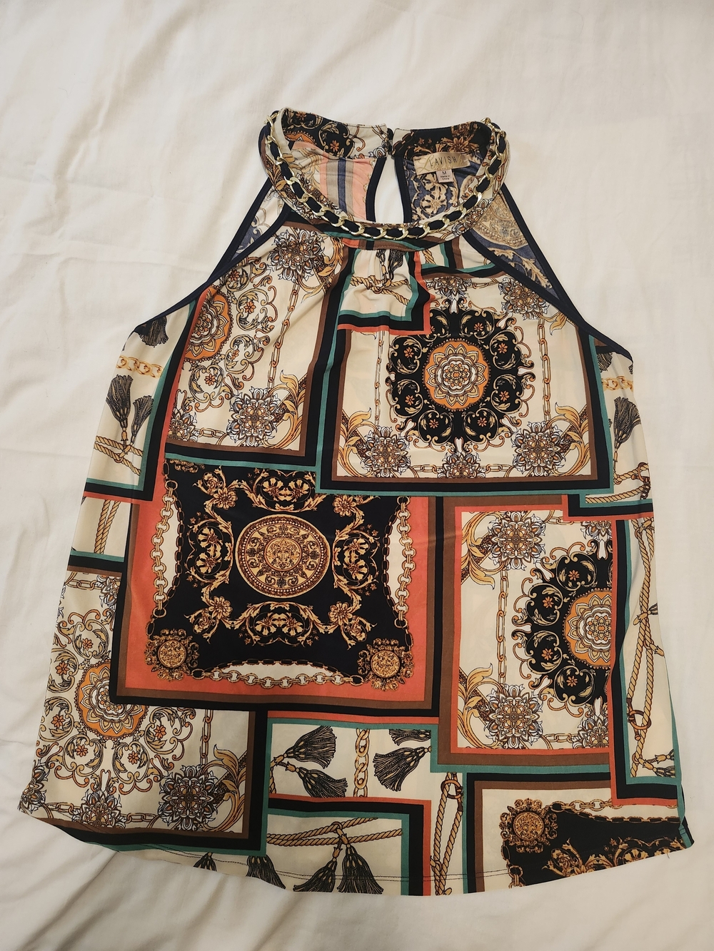 Lavish Baroque Print Halter Camisole - Cream, Black, Orange, Teal